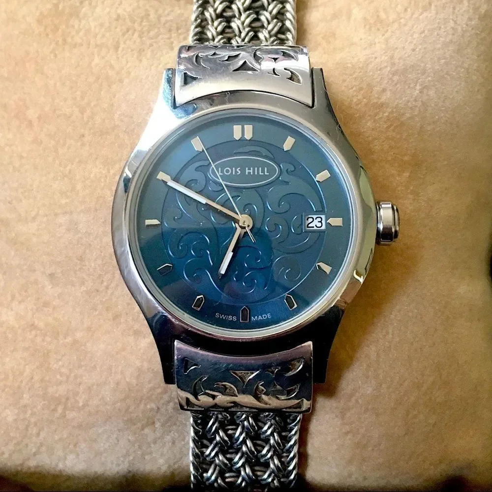 LOIS HILL Watch Blue Face Sterling Silver Band HTF - Picture 1 of 11